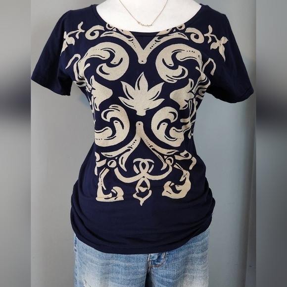 EDUN Organic Cotton Tee Shirt. Navy And Cream. Size Large - Picture 6 of 8